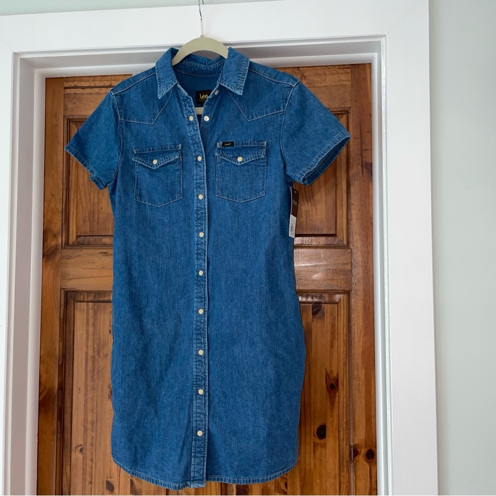 NWT Lee Womens S Western Denim Button Down Dress Blue Pearl Snap Rodeo Cowboy